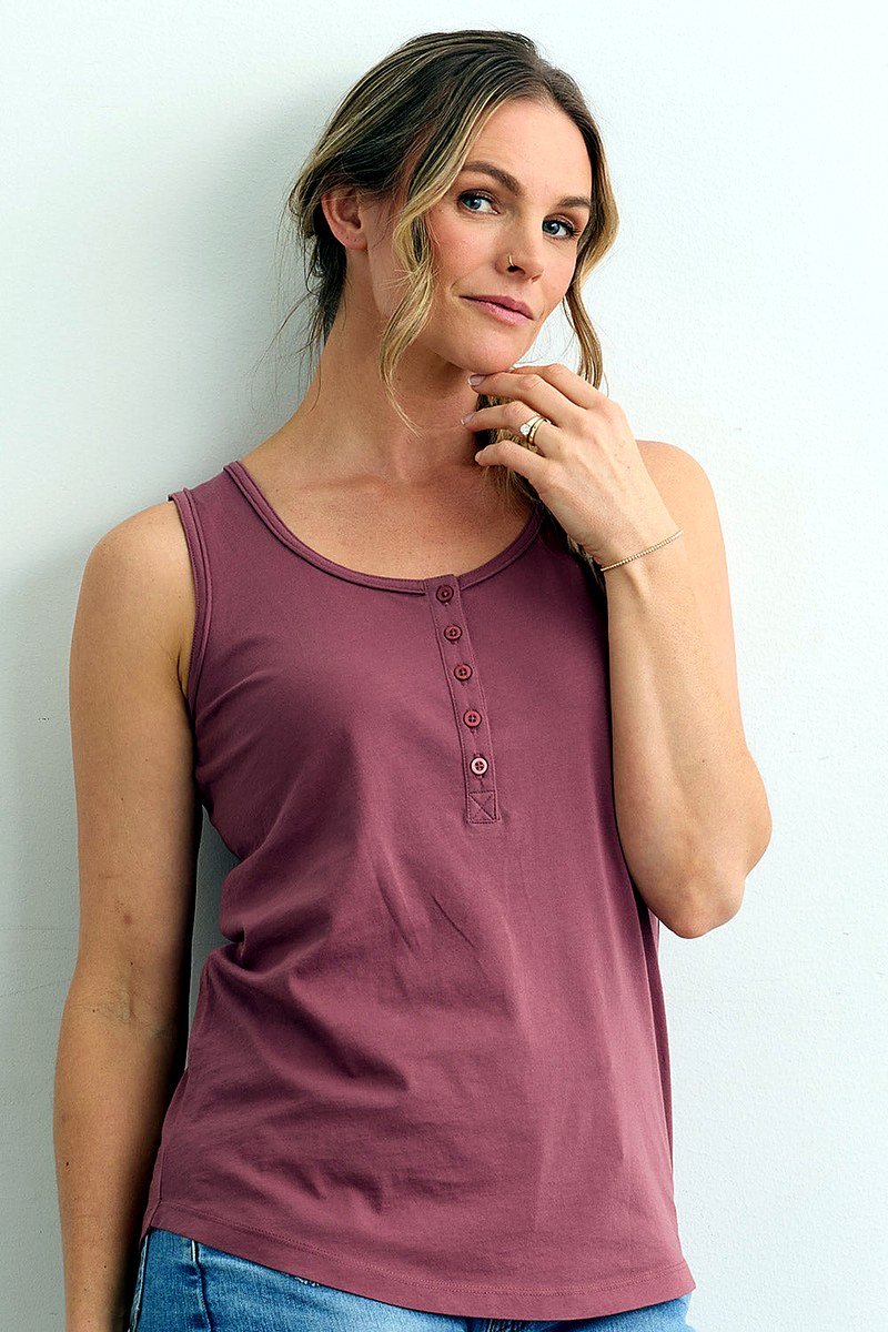 Fair Indigo Women's 100% Organic Cotton Sleeveless Scoop Neck Henley Tank
