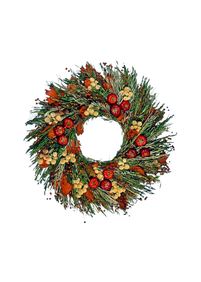 Dried Fall Foliage & Flower Wreath with Pumpkins — 22"