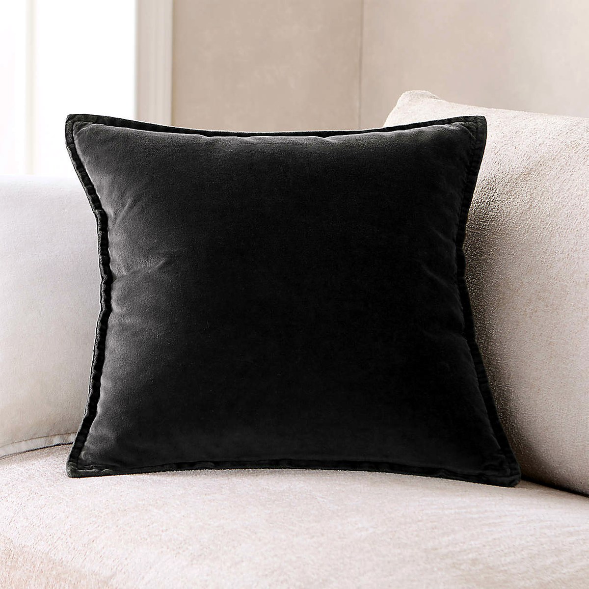 Relaxed Washed Organic Cotton Velvet Throw Pillow β Ink Black 20"