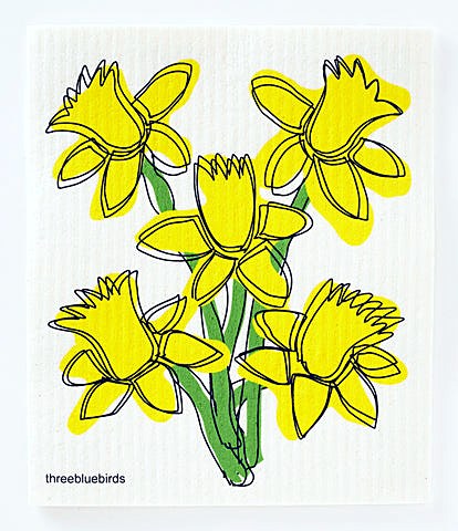 Three Bluebirds Daffodils Swedish Dishcloth